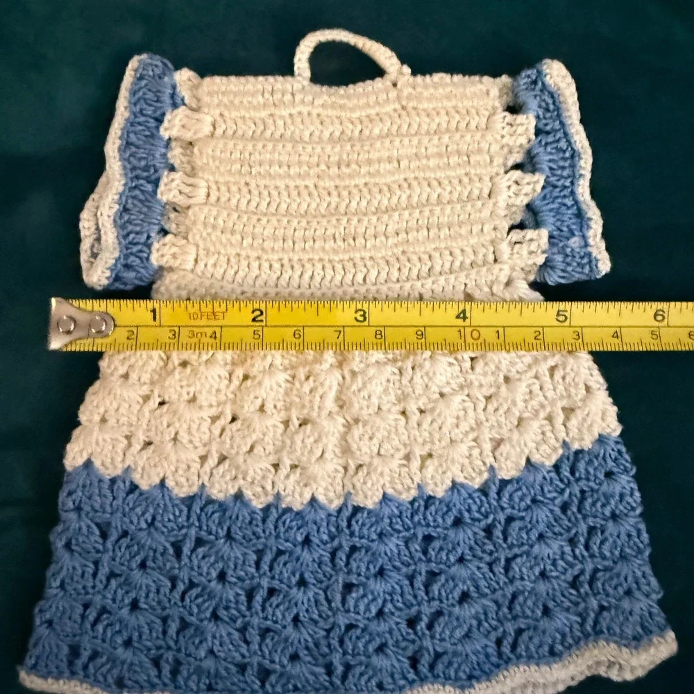 Vintage‎ Crochet Potholder Set Blue White Dress Floral Handcrafted Kitchen Decor
